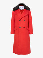 Flat image of Emma Coat In Brushed Double Face Wool in vermillion melange with black fur collar