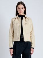 Cropped front image of model wearing Ava Jacket in Brushed Cotton in canvas