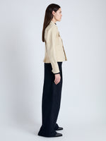 Side image of model wearing Ava Jacket in Brushed Cotton in canvas