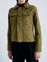 Detail image of model wearing Ava Jacket in FATIGUE