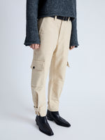 Detail image of model wearing Kay Cargo Pant in CANVAS