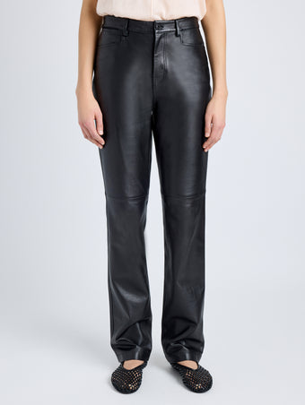 Proenza Schouler Front cropped image of model wearing Maxine Pant in Lightweight Leather in BLACK