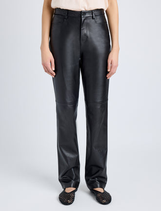 Proenza Schouler Front cropped image of model wearing Maxine Pant in Lightweight Leather in BLACK