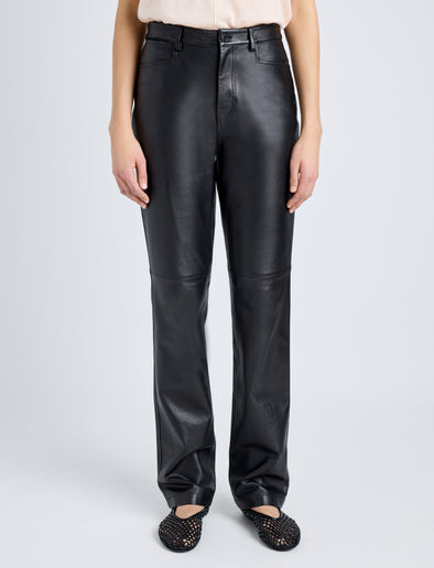 Proenza Schouler Front cropped image of model wearing Maxine Pant in Lightweight Leather in BLACK
