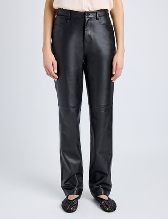 Proenza Schouler Cropped front image of model wearing Maxine Pant in Lightweight Leather in BLACK