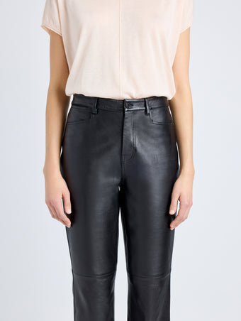 Proenza Schouler Detail image of model wearing Maxine Pant in Lightweight Leather in BLACK