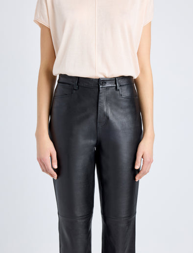 Proenza Schouler Detail image of model wearing Maxine Pant in Lightweight Leather in BLACK