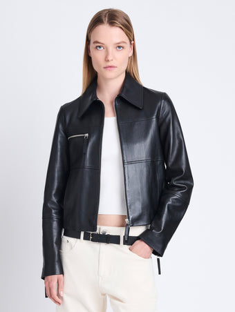 Front cropped image of model wearing Annabel Jacket In Lightweight Leather in BLACK