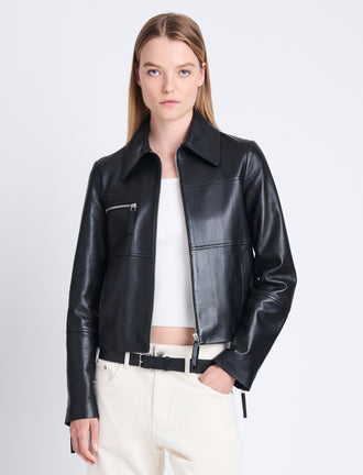 Front cropped image of model wearing Annabel Jacket In Lightweight Leather in BLACK