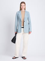 Front full length image of model wearing Freya Blazer In Stretch Twill in GREY INDIGO