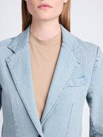 Detail image of model wearing Freya Blazer In Stretch Twill in GREY INDIGO