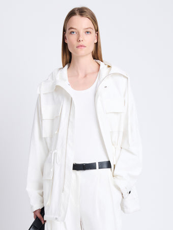 Front cropped image of model wearing Nina Coat In Solid Cotton Crinkle in OFF WHITE