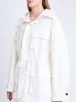 Detail image of model wearing Nina Coat In Solid Cotton Crinkle in OFF WHITE