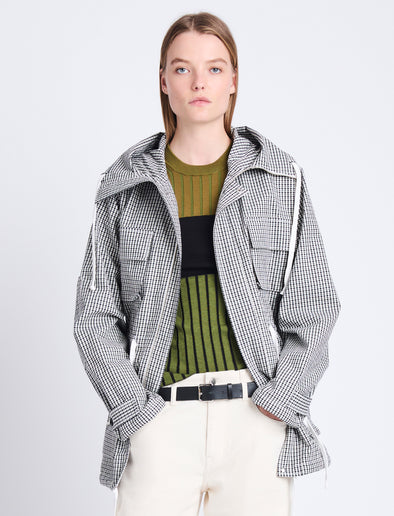 Front cropped image of model wearing Nina Coat In Grid Cotton Crinkle in BLACK/IVORY