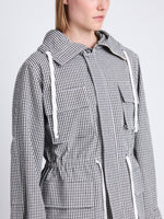 Detail image of model wearing Nina Coat In Grid Cotton Crinkle in BLACK/IVORY