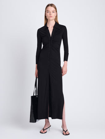 Front full length image of model wearing Clara Dress In Matte Crepe Jersey in BLACK