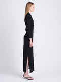 Side full length image of model wearing Clara Dress In Matte Crepe Jersey in BLACK