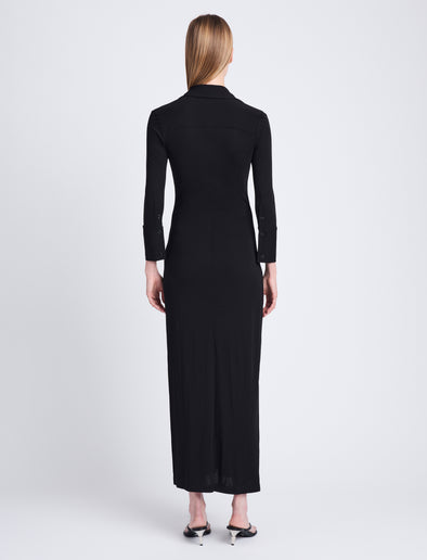 Back full length image of model wearing Clara Dress In Matte Crepe Jersey in BLACK