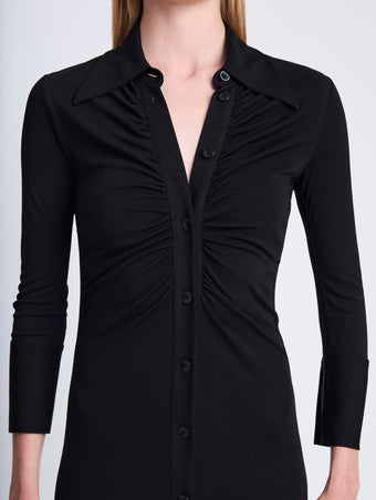 Detail image of model wearing Clara Dress In Matte Crepe Jersey in BLACK