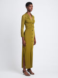 Side full length image of model wearing Clara Dress In Matte Crepe Jersey in OLIVE
