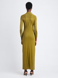 Back full length image of model wearing Clara Dress In Matte Crepe Jersey in OLIVE