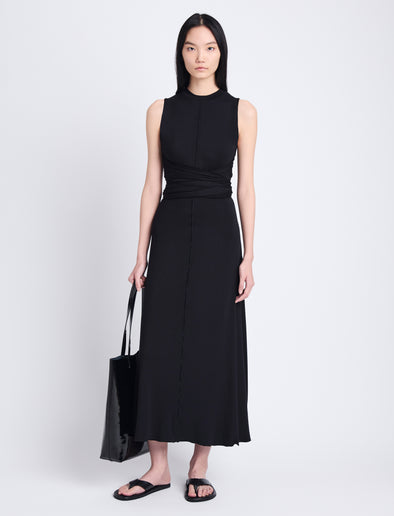 Front full length image of model wearing Beatrice Dress In Solid Jersey in BLACK
