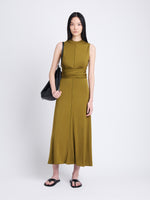 Front full length image of model wearing Beatrice Dress In Solid Jersey in OLIVE