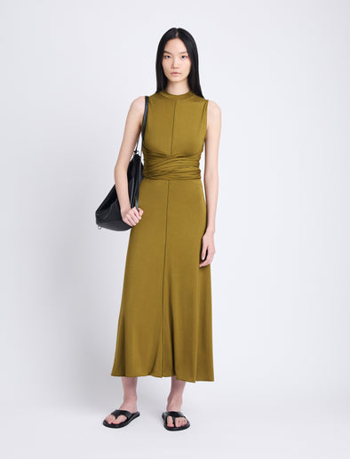 Front full length image of model wearing Beatrice Dress In Solid Jersey in OLIVE