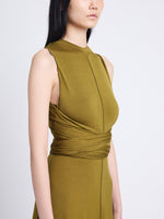 Detail image of model wearing Beatrice Dress In Solid Jersey in OLIVE