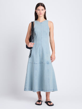 Front full length image of model wearing Arlet Sleeveless Dress In Stretch Twill in GREY INDIGO