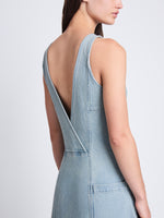 Detail image of model wearing Arlet Sleeveless Dress In Stretch Twill in GREY INDIGO