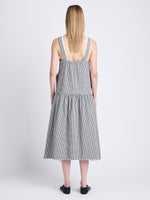 Back full length image of model wearing Sasha Dress In Grid Cotton Crinkle in BLACK/IVORY
