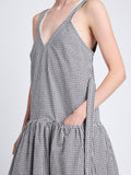 Detail image of model wearing Sasha Dress In Grid Cotton Crinkle in BLACK/IVORY