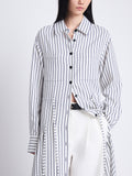 Detail image of model wearing Bonnie Shirt In Striped Shirting Flou in IVORY/NAVY MULTI