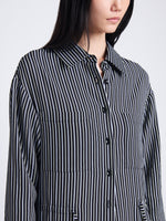 Detail image of model wearing Bonnie Shirt In Striped Shirting Flou in BLACK/PISTACHIO MULTI