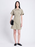 Front full length image of model wearing Carmine Dress In Solid Cotton Crinkle in BAYLEAF