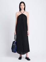 Front full length image of model wearing Celeste Dress In Lightweight Crepe in BLACK