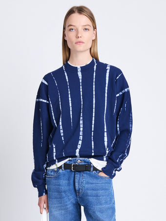 Cropped front image of model wearing Blake Sweatshirt in Stripe Td Sweatshirting in navy/white