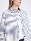 Detail image of model wearing Eliana Shirt In Striped Shirting Flou in IVORY/NAVY MULTI