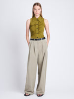 Front full length image of model wearing Florence Top In Matte Crepe Jersey in OLIVE