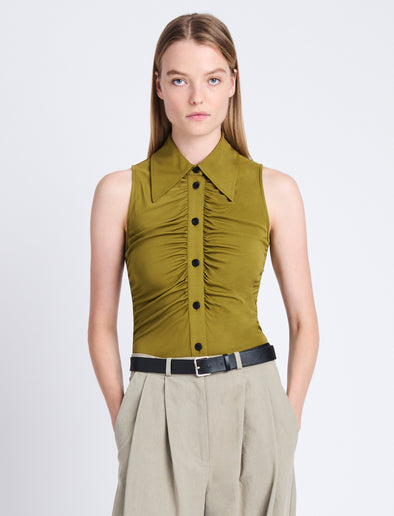 Front cropped image of model wearing Florence Top In Matte Crepe Jersey in OLIVE
