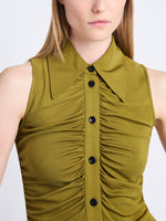 Detail image of model wearing Florence Top In Matte Crepe Jersey in OLIVE