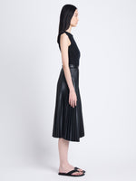 Side full length image of model wearing Hazel Top In Tweed in BLACK