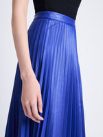 Detail image of model wearing Daphne Skirt in Faux Leather in SAPPHIRE
