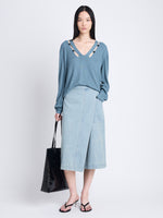 Front full length image of model wearing Iris Wrap Skirt In Stretch Twill in GREY INDIGO