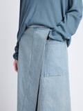 Detail image of model wearing Iris Wrap Skirt In Stretch Twill in GREY INDIGO
