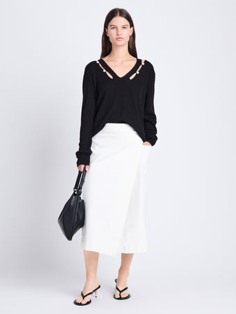 Front full length image of model wearing Iris Wrap Skirt in Stretch Twill in ECRU