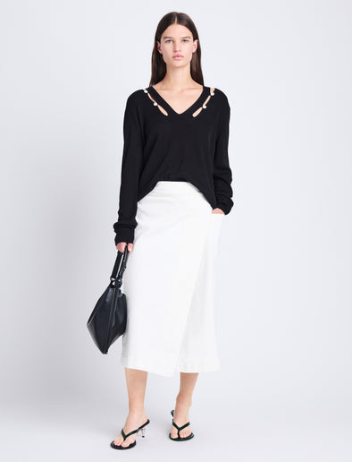 Front full length image of model wearing Iris Wrap Skirt in Stretch Twill in ECRU