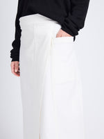 Detail image of model wearing Iris Wrap Skirt in Stretch Twill in ECRU