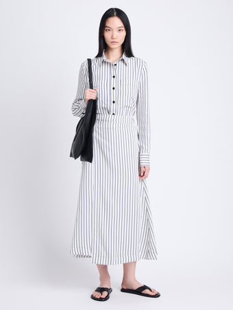 Front image of Georgie Skirt in Striped Shirting in IVORY/NAVY